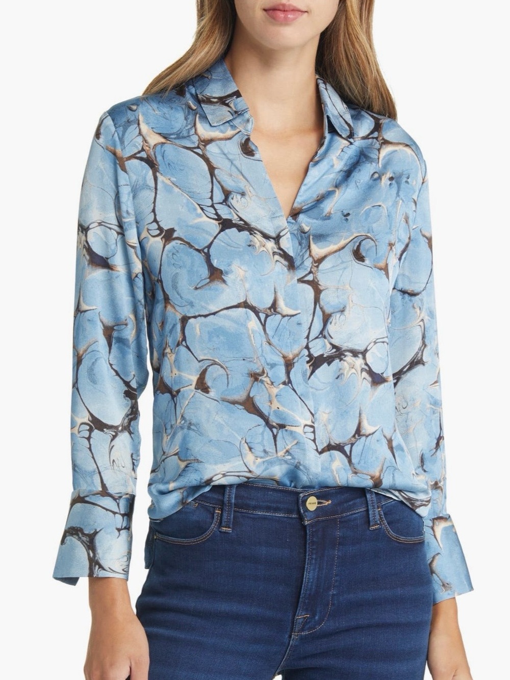 NIC+ZOE Blue Marble Sky Print V-Neck Blouse